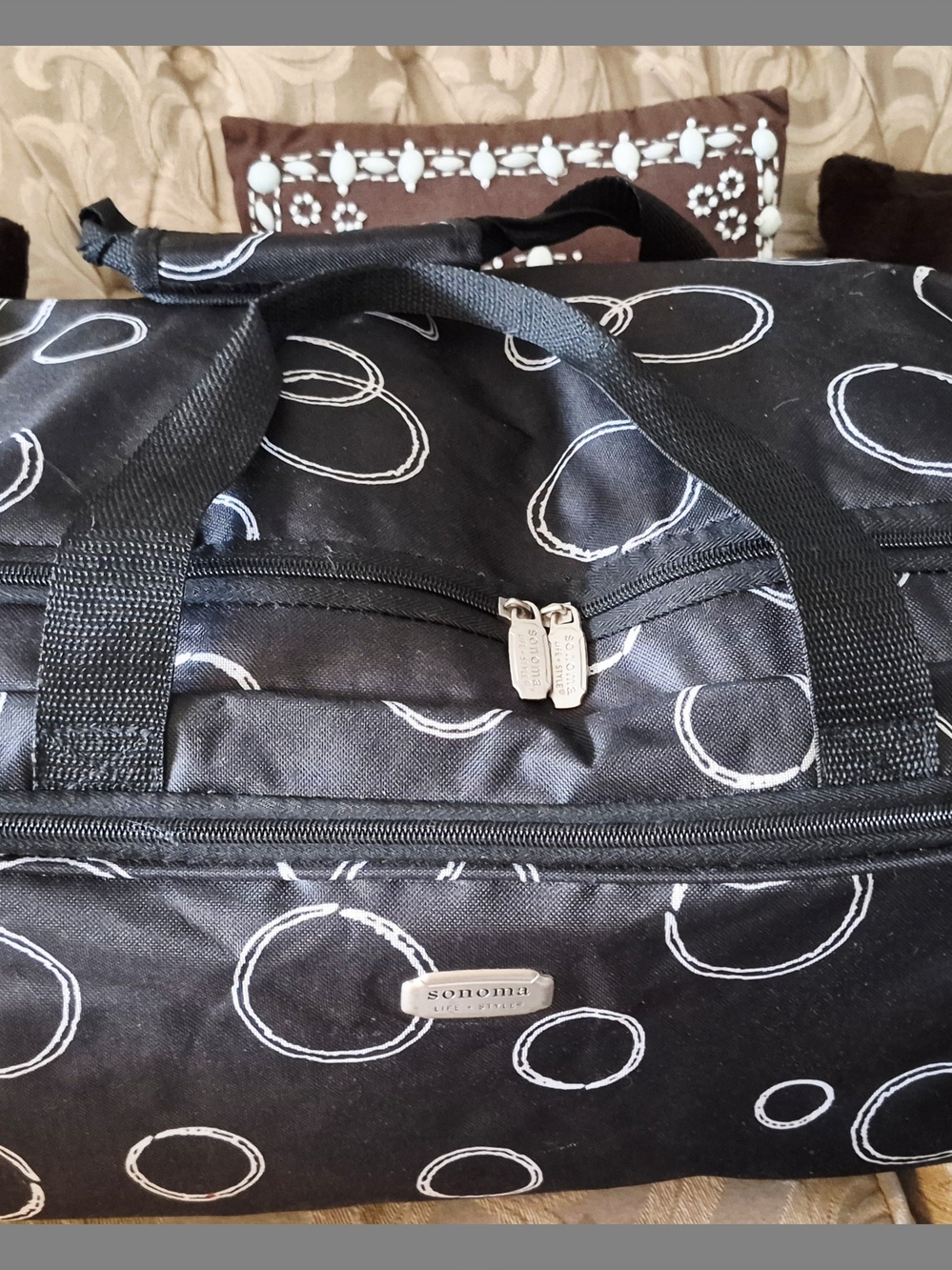 Sonoma Black/White Infinity Circle Rolling Woven Nylon Duffle Travel Bag